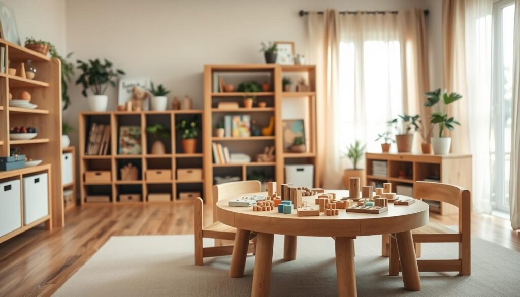 A cozy, well-organized Montessori-inspired children's learning space, featuring natural wood furniture and soft, inviting colors. In the foreground, a small, circular table with hands-on educational materials like wooden blocks and puzzles is ready for exploration. The middle ground shows a bookshelf filled with neatly arranged children's books, art supplies, and plants that bring a touch of nature inside. In the background, soft lighting filters through sheer curtains, creating a warm atmosphere. The scene should portray a peaceful weekend vibe, encouraging creativity and independence in children. The camera angle captures the entire room, inviting viewers to feel the warmth and curiosity of this prepared environment, reflecting the principles of the Montessori method. A cozy, well-organized Montessori-inspired children's learning space, featuring natural wood furniture and soft, inviting colors. In the foreground, a small, circular table with hands-on educational materials like wooden blocks and puzzles is ready for exploration. The middle ground shows a bookshelf filled with neatly arranged children's books, art supplies, and plants that bring a touch of nature inside. In the background, soft lighting filters through sheer curtains, creating a warm atmosphere. The scene should portray a peaceful weekend vibe, encouraging creativity and independence in children. The camera angle captures the entire room, inviting viewers to feel the warmth and curiosity of this prepared environment, reflecting the principles of the Montessori method.