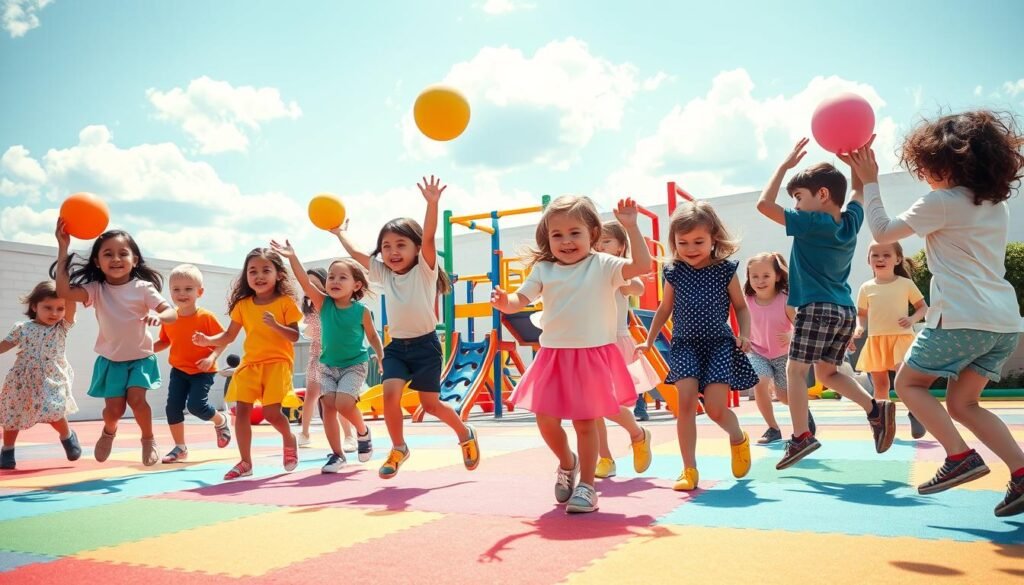 A dynamic scene of energetic preschoolers engaging in coordinated physical activities to support their motor skills and self-control. In the foreground, a diverse group of children aged 4-6, wearing bright, comfortable clothing, happily interacting while participating in activities like jumping, balancing, and tossing colorful soft balls. In the middle ground, a vibrant playground with climbing equipment and colorful mats, where children practice coordination and teamwork. The background features a sunny sky with fluffy clouds, enhancing a cheerful atmosphere. Natural lighting casts gentle shadows, creating a warm and inviting scene. The overall mood is playful and energetic, capturing the essence of movement and coordination among young children.