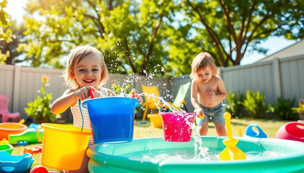 A joyful scene depicting children playing with water on a sunny summer day, set in a vibrant backyard. In the foreground, two children splash water from colorful buckets, their faces lit with delight. One child is holding a water hose, creating sparkling droplets in the sunlight, while the other is bending down to fill a small pool with shimmering water. The middle ground features a variety of plastic toys and water tools scattered around, adding to the playful atmosphere. In the background, lush green trees and a bright blue sky enhance the cheerful mood. The lighting is warm and inviting, capturing the essence of a carefree summer afternoon, with sunlight filtering through the leaves, creating playful shadows on the ground.