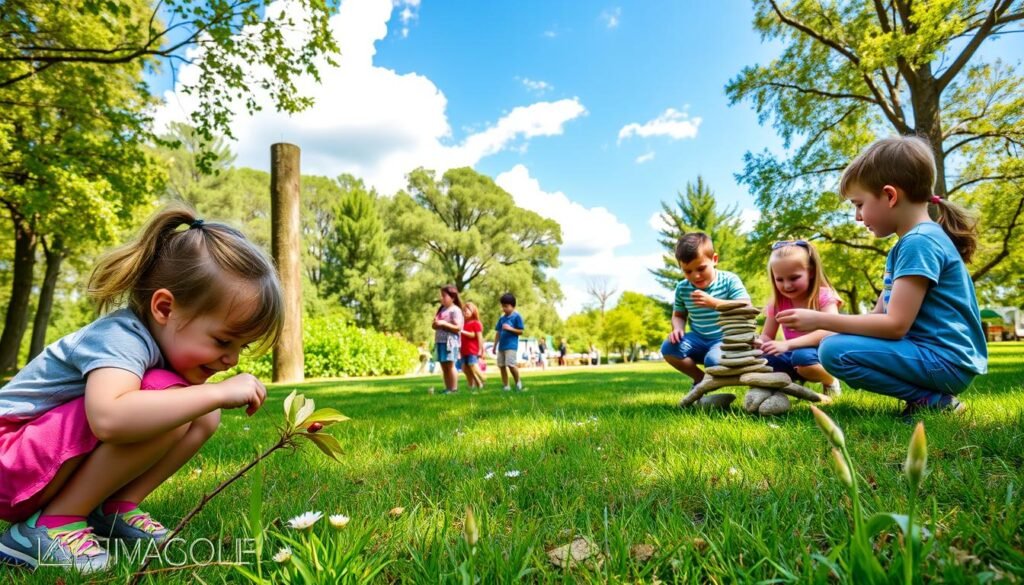A lively, sunlit park scene featuring children engaged in imaginative play, showcasing creative outdoor activities that require no equipment. In the foreground, a diverse group of children, dressed in colorful casual clothing, joyfully explore nature – one child crouches to examine a ladybug on a leaf, while another child builds a small tower from twigs and stones. In the middle ground, a picturesque grassy area with blooming wildflowers and a gentle breeze rustling through the trees, creating an inviting atmosphere. The background reveals a clear blue sky with fluffy white clouds, framed by tall, green trees, enhancing the sense of tranquility and joy. Soft, warm lighting casts a cheerful glow over the scene, evoking feelings of freedom and exploration.