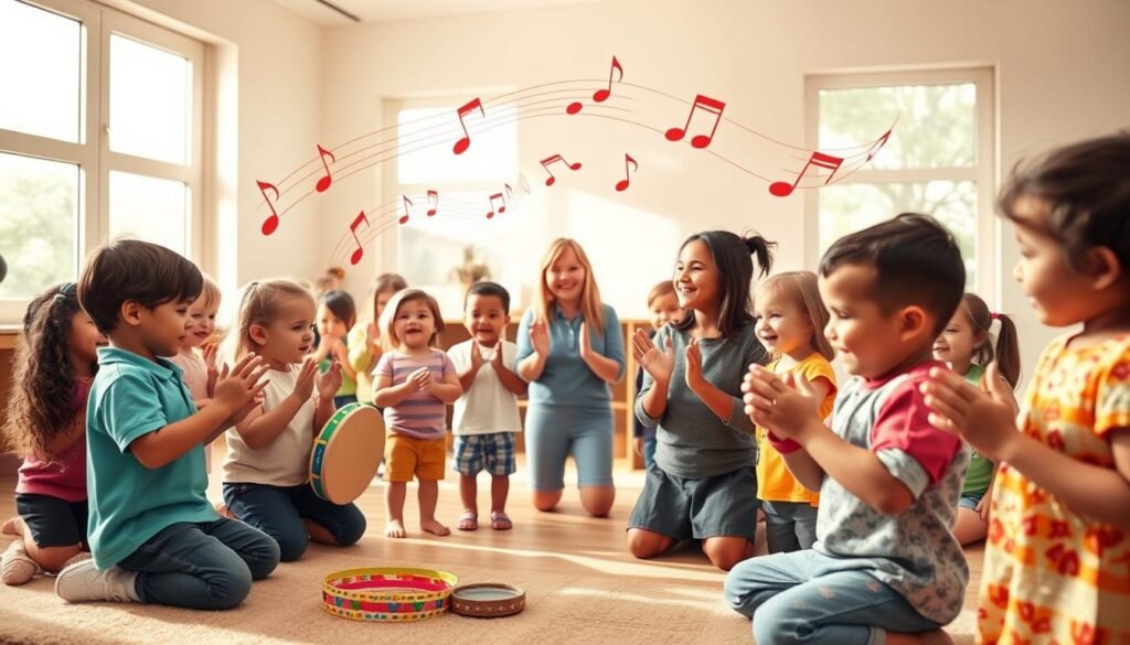 A serene classroom environment filled with joyful preschool children engaging in a music activity centered around rhythm and sound. In the foreground, a diverse group of children, casually dressed, are playing with colorful musical instruments like tambourines and maracas, their faces expressing excitement and wonder. In the middle ground, a teacher guides them, demonstrating clapping patterns, creating a sense of connection and flow. The background features soft, warm lighting streaming through large windows, illuminating musical notes and sound waves visually represented in the air, symbolizing the impact of rhythm on speech and emotions. The overall atmosphere is vibrant and uplifting, capturing the essence of music as a tool for development.