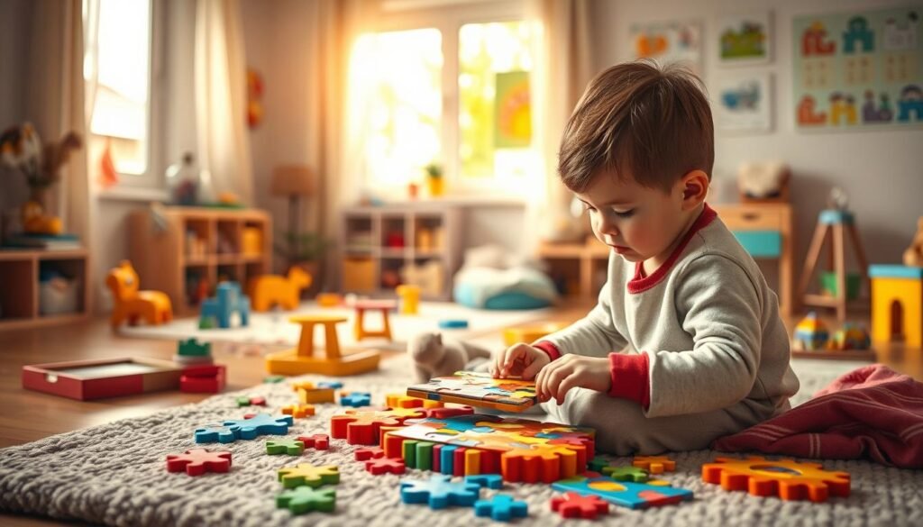 A serene indoor setting featuring a cozy playroom filled with colorful puzzles and board games designed for children. In the foreground, a playful child is seated on a soft rug, deeply focused on assembling a vibrant jigsaw puzzle, their brows furrowed in concentration. In the middle ground, a variety of puzzles and playful toys are scattered, showcasing bright colors and different shapes, fostering creativity and engagement. The background reveals a softly-lit space with warm sunlight streaming through a large window, illuminating the playful decor of the room, including cheerful wall art and educational posters. The atmosphere is calm and inviting, encouraging imaginative play and quiet concentration. Use a soft focus to add depth, and ensure a gentle, warm color palette to enhance the feeling of tranquility.