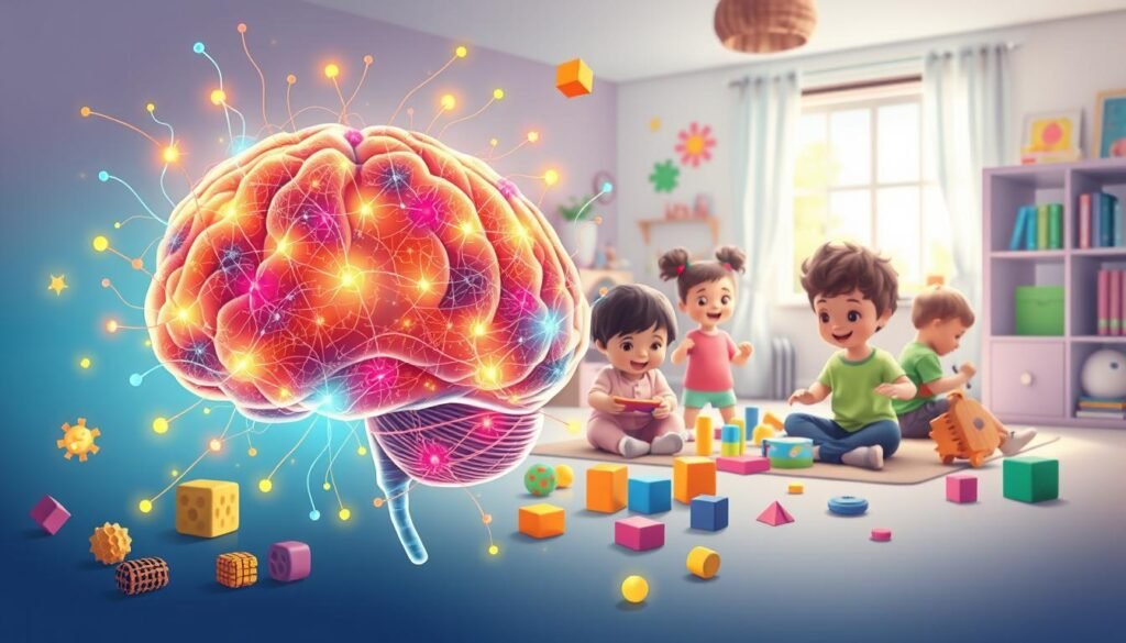 A vibrant and dynamic illustration showcasing the concept of brain development through sensory stimuli. In the foreground, depict a child's brain composed of colorful neurons and synapses, glowing with activity. Surrounding the brain, include various sensory items such as textured toys, colorful blocks, and musical instruments, symbolizing play and exploration. In the middle ground, show a playful scene with engaged children of diverse backgrounds, interacting joyfully with the sensory items, their expressions reflecting curiosity and delight. In the background, create a calming environment with soft, natural light filtering through a window, highlighting a cozy playroom filled with warmth and creativity. The overall atmosphere should be optimistic and nurturing, emphasizing the importance of sensory play in cognitive growth.