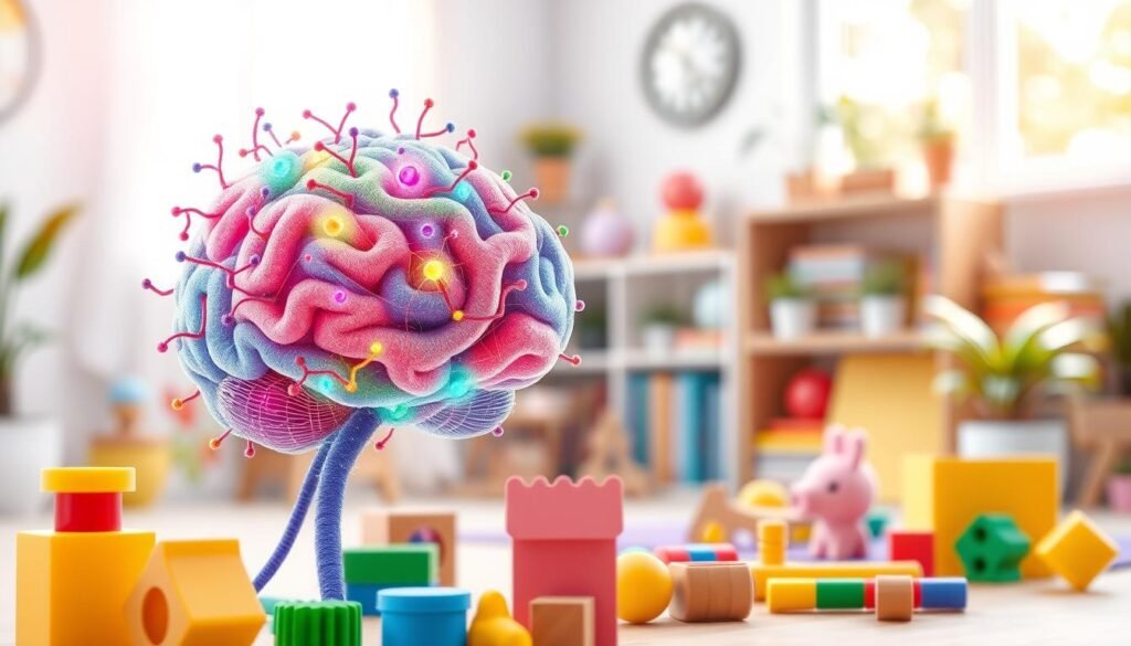 A vibrant and engaging illustration of a child's brain, visually represented as a colorful, intricate network of neurons and synapses. In the foreground, include playful toys and educational tools such as blocks, books, and puzzles symbolizing learning and cognitive development. In the middle, a soft-focus depiction of a cozy preschool environment, with bright colors and gentle textures, creates an inviting atmosphere. The background should feature a serene setting with nature elements, such as trees and sunshine filtering through windows, promoting a sense of growth and warmth. The lighting should be bright and cheerful, capturing the essence of curiosity and exploration in a child's learning journey.