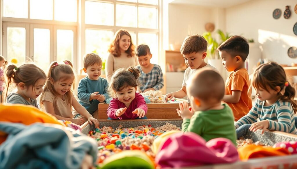 A vibrant and engaging scene that illustrates the concept of "the sense of touch" in a playful and educational context. In the foreground, a diverse group of children engaged in sensory play with colorful textures—such as soft fabrics, squishy materials, and textured hands-on activities. In the middle ground, a teacher observes, encouraging interaction while surrounded by sensory bins filled with sand, water, and natural elements. The background showcases a bright, inviting classroom filled with warm, natural light streaming through large windows, enhancing the atmosphere of creativity and exploration. The overall mood is joyful and focused, emphasizing the importance of tactile experiences in developing both fine and gross motor skills in young children.