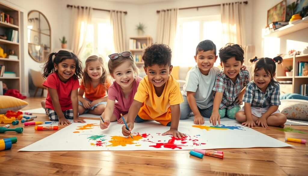 A vibrant and playful scene depicting children engaged in creative activities at home. In the foreground, a diverse group of children aged 5-10, dressed in colorful, modest casual clothing, are joyfully painting on large sheets of paper spread across a wooden floor. The middle layer features a cozy living room with toys scattered about, a bright window allowing warm sunlight to filter in, and soft pillows scattered around, creating an inviting atmosphere. In the background, shelves filled with books and art supplies add to the creative environment. The lighting is warm and bright, highlighting the excitement and curiosity on the children’s faces, capturing the essence of fun and exploration in play. The overall mood is energetic and inspiring, encouraging creativity.