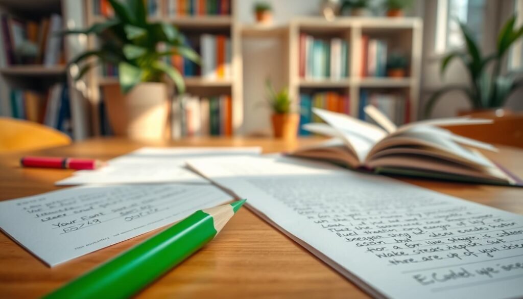 A vibrant green pencil resting on a wooden desk, its freshly sharpened tip glistening under soft, natural light streaming through a nearby window. In the foreground, the pencil's bright green hue stands out against the warm tones of the desk, creating a sense of inviting simplicity. In the middle ground, scattered sheets of homework and an opened notebook filled with neat handwriting indicate active learning. The background features a blurred bookshelf filled with colorful educational materials and plants that enhance the atmosphere of creativity and focus. The image conveys a calm, inspiring mood that encourages productive study habits, ideal for showcasing a method that transforms learning attitudes. The angle captures a close-up view, emphasizing the pencil as a symbolic tool for academic growth and engagement. A vibrant green pencil resting on a wooden desk, its freshly sharpened tip glistening under soft, natural light streaming through a nearby window. In the foreground, the pencil's bright green hue stands out against the warm tones of the desk, creating a sense of inviting simplicity. In the middle ground, scattered sheets of homework and an opened notebook filled with neat handwriting indicate active learning. The background features a blurred bookshelf filled with colorful educational materials and plants that enhance the atmosphere of creativity and focus. The image conveys a calm, inspiring mood that encourages productive study habits, ideal for showcasing a method that transforms learning attitudes. The angle captures a close-up view, emphasizing the pencil as a symbolic tool for academic growth and engagement.