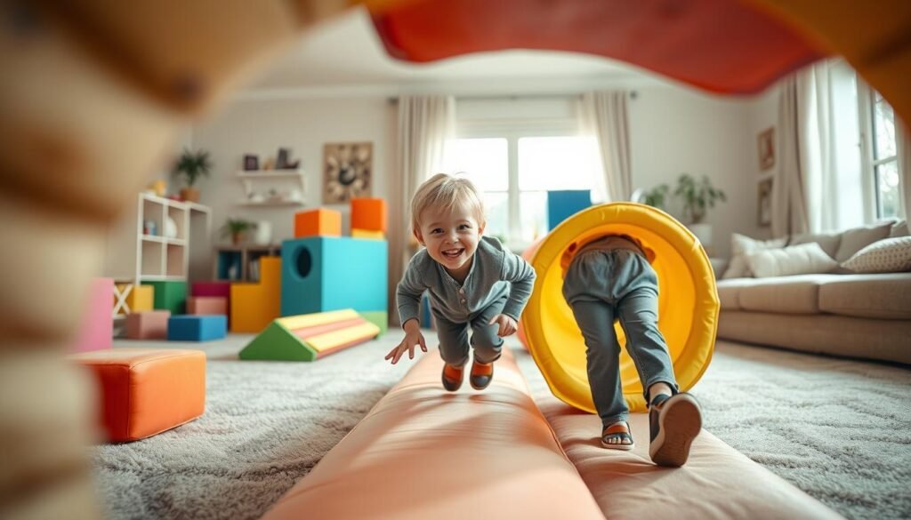 A vibrant indoor obstacle course designed for children, featuring colorful soft play equipment such as foam blocks, tunnels, and small climbing walls. In the foreground, a cheerful child in modest casual clothing is energetically navigating through a tunnel, smiling with excitement. The middle ground showcases a variety of obstacles, like a mini balance beam and a soft crawling space filled with pillows. The background features a cozy, well-lit living room environment with soft natural light streaming through a window, creating a welcoming atmosphere. The overall mood is playful and adventurous, capturing the essence of a rainy day indoor activity. The scene is captured from a low angle to enhance the sense of fun and movement.