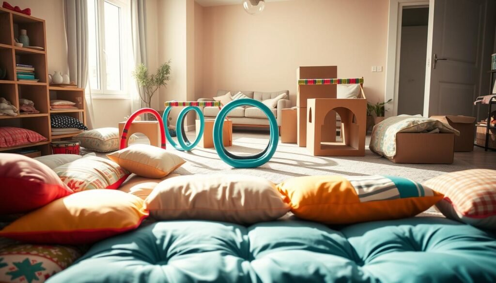 A vibrant indoor obstacle course designed for children, showcasing various household items creatively arranged. In the foreground, a colorful array of cushions and pillows create a soft landing zone. In the middle, sturdy cardboard boxes form tunnels and climbing structures, while pool noodles serve as balance beams. The backdrop features a cozy living room setting, with warm sunlight streaming through the window, casting soft shadows on the floor. The atmosphere is playful and inviting, designed to channel a child's energy. The composition should capture a wide-angle view, allowing the viewer to appreciate the creativity of the setup, emphasizing a fun, engaging space for kids to explore.