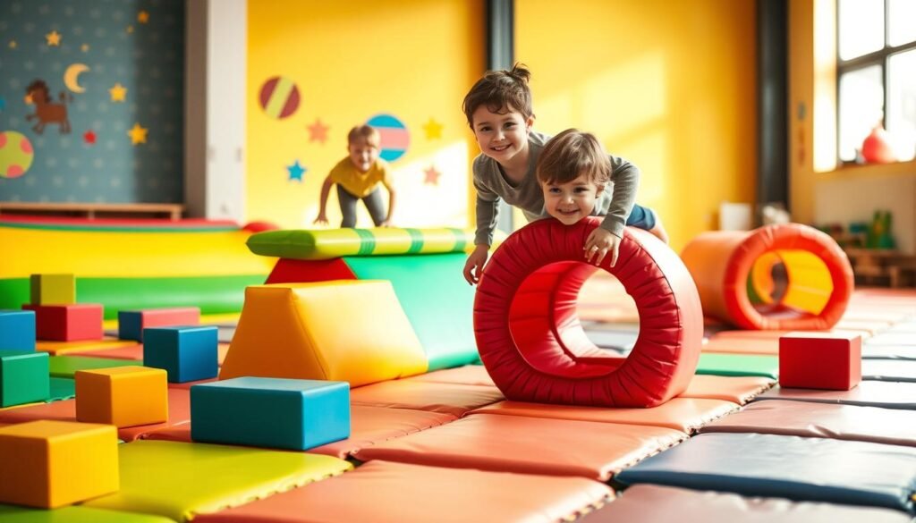 A vibrant indoor scene showcasing a child-friendly obstacle course designed for various age groups. In the foreground, a colorful array of soft mats and small, manageable hurdles suitable for preschoolers, complete with foam blocks and inflatable tunnels. The middle ground features children aged 4 to 6 years, joyfully navigating the course, wearing comfortable and modest play attire. One child is climbing over an obstacle, while another is crawling through a tunnel, both smiling and engaged. The background displays a warmly lit playroom with whimsical wall decorations and ample natural light streaming in through a window, creating a cheerful and energetic atmosphere. The overall mood is playful and inviting, perfect for channeling pent-up energy on a rainy afternoon.