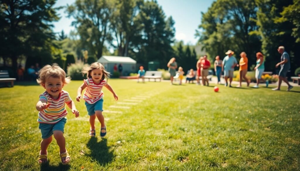A vibrant outdoor scene capturing a sunny day in a playground filled with children and adults engaging in classic backyard games. In the foreground, two children are enthusiastically playing tag, their joyful expressions reflecting pure excitement. The middle ground showcases a game of hopscotch, while a group of adults is enjoying a lively game of bocce ball in the background. Lush green grass surrounds the area, dotted with colorful flowers and a clear blue sky overhead. The sunlight bathes the scene in a warm glow, highlighting the sense of fun and connection between generations. The composition should evoke a nostalgic and cheerful atmosphere, encouraging playful interactions among all ages.