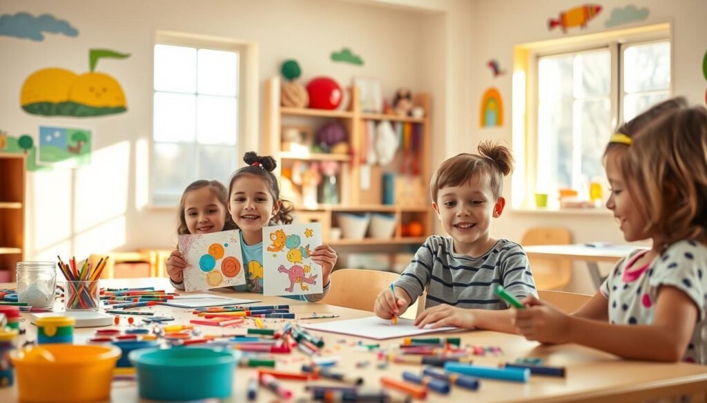 A vibrant scene of children engaged in creative art projects in a sunny, inviting classroom. In the foreground, a diverse group of three children, aged 6-8, are sitting at a large table covered with colorful art supplies like paints, markers, and scissors. One child is proudly showcasing a handmade collage, while another is intently gluing glitter onto a paper craft. The middle ground features shelves filled with finished artworks and a playful assortment of craft materials, including yarn and paper. In the background, large windows let in warm, natural light, illuminating the cheerful atmosphere. The room is decorated with cheerful murals and the mood is joyful and imaginative, encouraging creativity and fun. A vibrant scene of children engaged in creative art projects in a sunny, inviting classroom. In the foreground, a diverse group of three children, aged 6-8, are sitting at a large table covered with colorful art supplies like paints, markers, and scissors. One child is proudly showcasing a handmade collage, while another is intently gluing glitter onto a paper craft. The middle ground features shelves filled with finished artworks and a playful assortment of craft materials, including yarn and paper. In the background, large windows let in warm, natural light, illuminating the cheerful atmosphere. The room is decorated with cheerful murals and the mood is joyful and imaginative, encouraging creativity and fun.