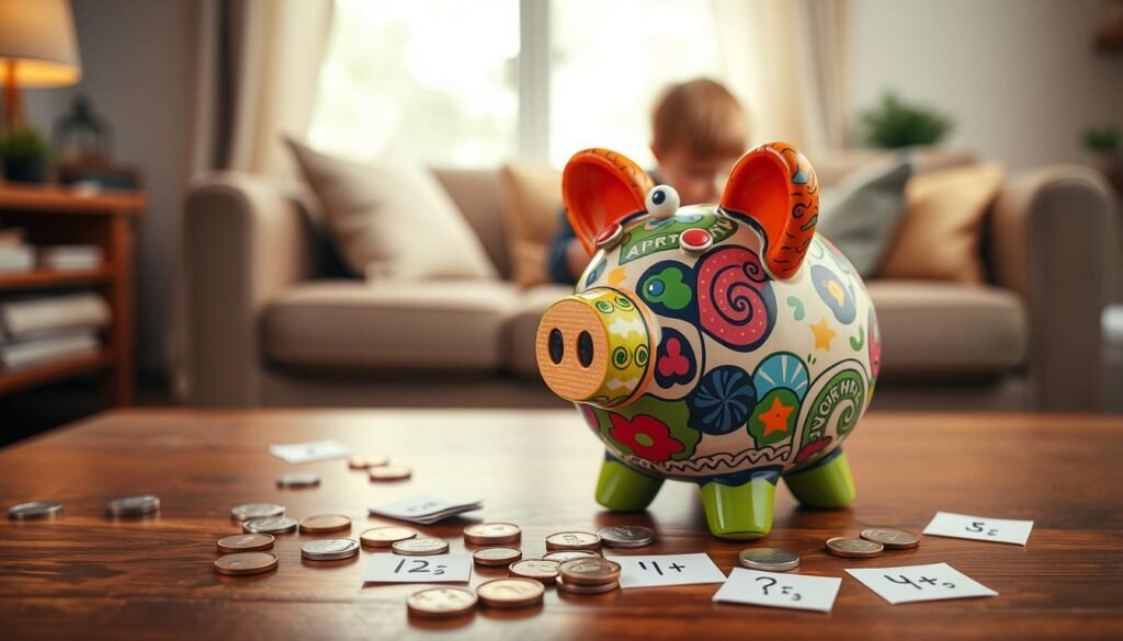 A close-up of a colorful piggy bank designed for children, intricately detailed with playful patterns and bright colors to appeal to young kids. The piggy bank should be placed on a wooden table surrounded by scattered coins and small pieces of paper with simple math problems or tasks written on them, symbolizing chores or allowances. In the background, there should be a soft-focus image of a cozy living room with warm lighting, where a child could be seen engaging in an activity related to saving money, such as counting coins or adding up savings. The atmosphere should feel warm and educational, emphasizing the concept of financial literacy for kids, highlighting lessons about money in a friendly, inviting setting.