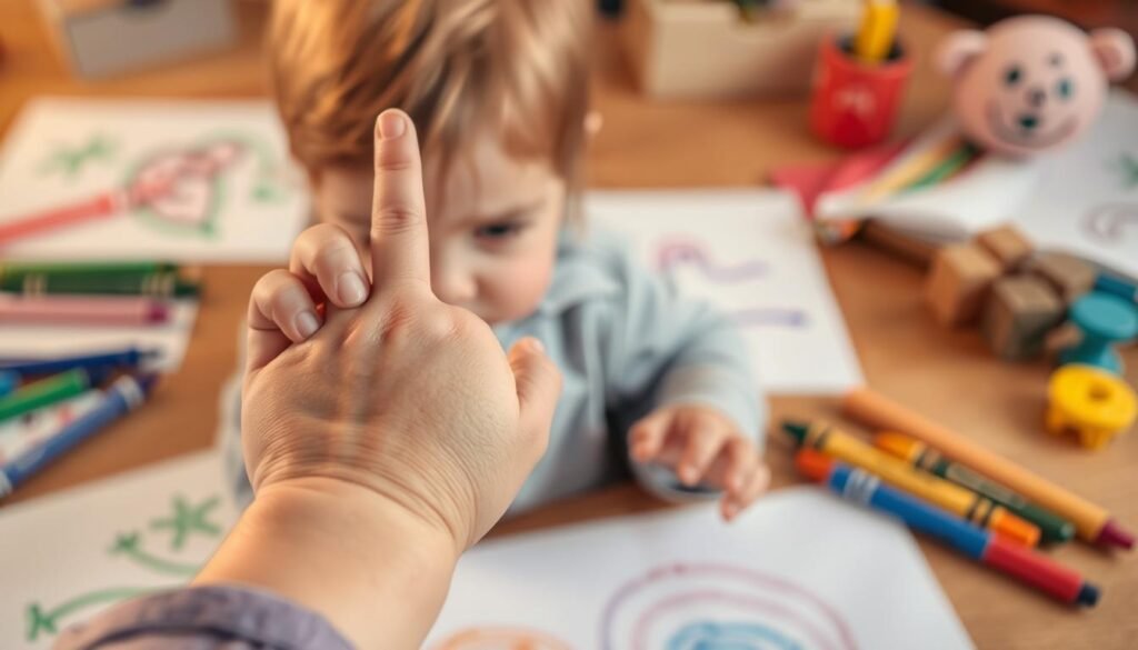 A close-up scene of a small child’s hand struggling to grasp a colorful crayon, with slightly smudged drawings in the background. The child's expression shows concentration mixed with frustration, illustrating the need for manual support. In the foreground, a caring adult hand gently hovers just above the child's hand, ready to assist. Soft, warm lighting enhances a nurturing atmosphere, creating a sense of encouragement. The background features a wooden table adorned with various art supplies, like papers, crayons, and tactile toys, subtly blurred to keep focus on the hand interaction. The image captures the essence of support and guidance, reflecting a moment of learning and growth in a playful setting.