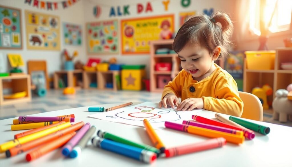 A colorful and engaging classroom scene featuring a 4-year-old child sitting at a small table, focused on a variety of fun and imaginative graphomotor exercises. The child, dressed in a cheerful, modest outfit, is using crayons and textured papers to practice fine motor skills. In the foreground, bright coloring materials such as crayons and markers are scattered around. In the middle, the child’s drawing shows lively shapes and lines, illustrating the concept of developing writing readiness. The background depicts a playful, warm classroom filled with educational posters and toys, bathed in soft, natural light filtering through a window. The mood is joyful and encouraging, showcasing a creative learning environment that fosters children's readiness to write in preschool.