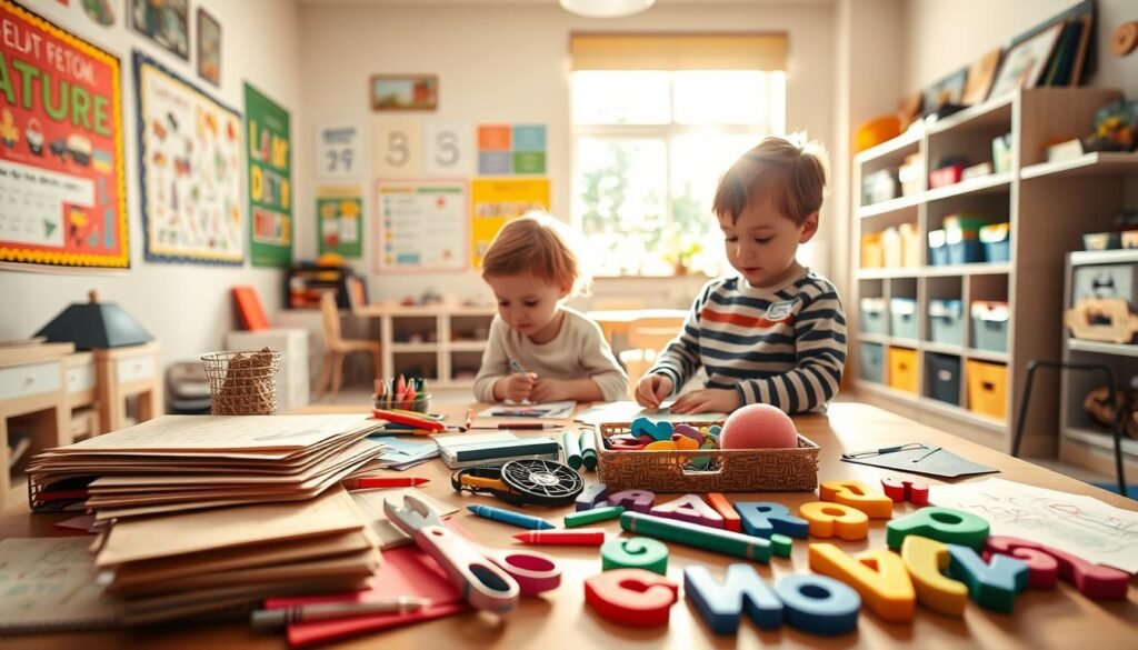 A cozy and inviting workspace designed for children's fine motor skills training. In the foreground, a colorful array of educational materials: textured papers, crayons, safety scissors, and playful, adaptive learning tools like soft foam letters. In the middle, a small child, around four years old, is engaged in a creative activity, wearing comfortable, casual clothing, happily focused on using the materials. In the background, a bright and cheerful classroom setting filled with educational posters, a small table with chairs, and shelves stocked with more resources, bathed in warm, natural light streaming through a window. The atmosphere is uplifting and encouraging, promoting creativity and learning in a supportive environment.