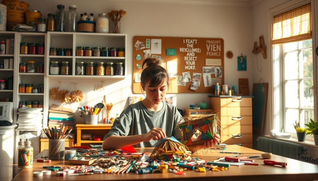 A cozy, brightly lit craft room filled with colorful DIY supplies and creative materials scattered across a large table. In the foreground, a teen (wearing casual, modest clothing) is focused on assembling a unique art project made from recycled materials, showcasing their creativity. The middle ground shows shelves filled with jars of paints, brushes, and handmade crafts, while a bulletin board adorned with inspirational quotes and photos adds a personal touch. Sunlight streams through a window, casting warm, inviting shadows that enhance the creative atmosphere. The overall mood is vibrant and inspiring, encouraging imagination and innovation in a space dedicated to creativity and self-expression.