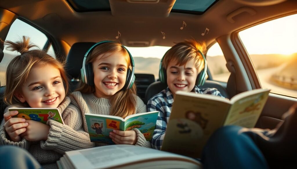 A cozy family car interior filled with joyful children listening to an engaging audiobook. In the foreground, a young girl with bright, curious eyes, wearing a comfortable sweater, is nestled in her seat, holding a colorful storybook. Beside her, a boy with a big smile, wearing headphones, is immersed in a playful audio adventure, eyes wide with imagination. The middle ground features an open book on the lap of a parent, with subtle musical notes swirling around, symbolizing the lively storytelling. In the background, through the car window, a scenic road with gentle hills and trees adds depth, bathed in warm golden light, suggesting a peaceful evening drive. The atmosphere is relaxed and cheerful, evoking a sense of family bonding and adventure.