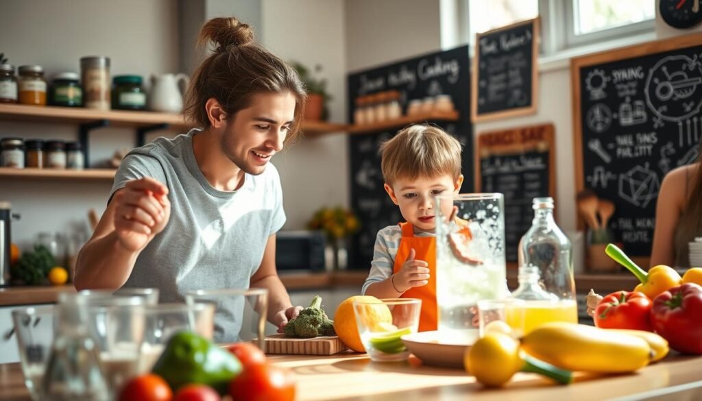 A cozy kitchen scene where a curious child and a parent are engaging in a fun science experiment using everyday ingredients from the fridge. In the foreground, colorful fruits and vegetables are displayed on the kitchen counter, alongside measuring cups and mixing bowls. The middle ground features the child, wearing a bright apron, peering intently at a bubbling mixture in a glass container, while the parent, dressed in casual attire, explains the process with an encouraging smile. Soft, natural light streams in through a window, illuminating the space and creating a warm and inviting atmosphere. In the background, shelves stocked with spices and utensils add detail, while a chalkboard with simple diagrams and explanations further enhances the learning environment. The overall mood is playful and educational, capturing the essence of discovery and curiosity in cooking science.