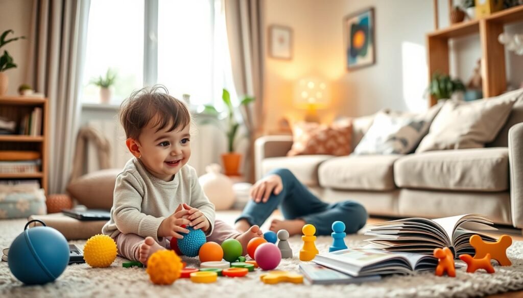 A cozy, well-lit living room scene designed for speech development activities. In the foreground, a cheerful child, around two years old, plays with colorful toys that promote mouth and tongue exercises, such as textured balls and rubber figures. The child is thoughtfully mimicking facial expressions and tongue movements, supported by a caring adult encouraging the activity, dressed in casual, stylish clothing. The middle ground features an array of educational tools, like picture books and soft flashcards, scattered on a soft rug. In the background, a warm window allowing natural light to flood the room, casting a gentle glow that creates a positive and playful atmosphere. The focus is on nurturing communication through engaging play, encouraging interaction and development.
