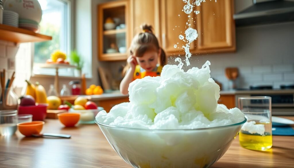 A dynamic kitchen scene showcasing a volcanic eruption created from simple household ingredients: baking soda and vinegar. In the foreground, a mixing bowl filled with colorful foamy bubbles erupts dramatically, with white and pale green froth spilling over the edges. Surrounding the bowl are various kitchen supplies like measuring cups and spoons, and a few colorful fruits and vegetables hinting at other experiments. In the middle ground, a child in a bright apron looks on in wide-eyed amazement, their hair tied back, helping to mix the ingredients. The background features a clean, sunny kitchen with wooden cabinets and natural light streaming in, creating a cheerful, inviting atmosphere. The angle is slightly overhead, emphasizing the action and excitement of the experiment, perfect for engaging young audiences.