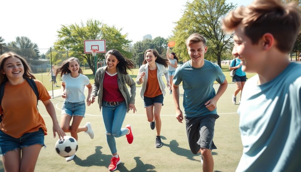 A dynamic scene showcasing teenagers engaged in various sports activities that exude energy and enthusiasm. In the foreground, a diverse group of teens—two girls and two boys—are joyfully playing soccer, their expressions filled with delight and teamwork. The middle layer features a basketball court where another pair of friends practice shooting hoops, while in the background, we see a lush park with others playing frisbee and jogging, highlighting a vibrant community atmosphere. The lighting is bright and sunny, casting soft shadows that enhance the lively mood. The angle is slightly elevated, capturing the breadth of activity and movement. Overall, the image radiates a sense of fun, camaraderie, and the positive impact of sports on youth engagement and well-being.