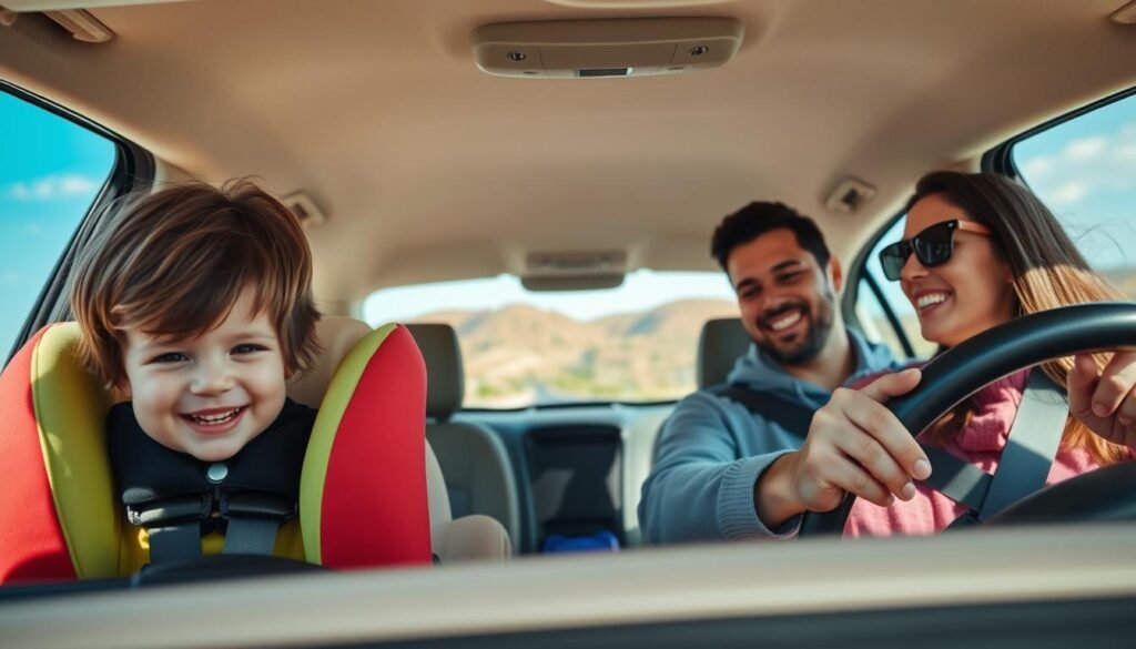 A joyful family inside a car during a road trip, showcasing engaging games without gadgets. In the foreground, a young child in a colorful car seat is playfully peering over the front seat, smiling at their parent. The middle ground features a caring parent engaged in a fun guessing game while steering, both wearing casual, modest clothing. In the background, a scenic view of rolling hills and blue sky passes by the car windows, symbolizing adventure. The lighting is bright and cheerful, suggesting a sunny day, while the angle captures a warm family atmosphere. The overall mood is lively and playful, reflecting the excitement of travel while fostering family bonds.