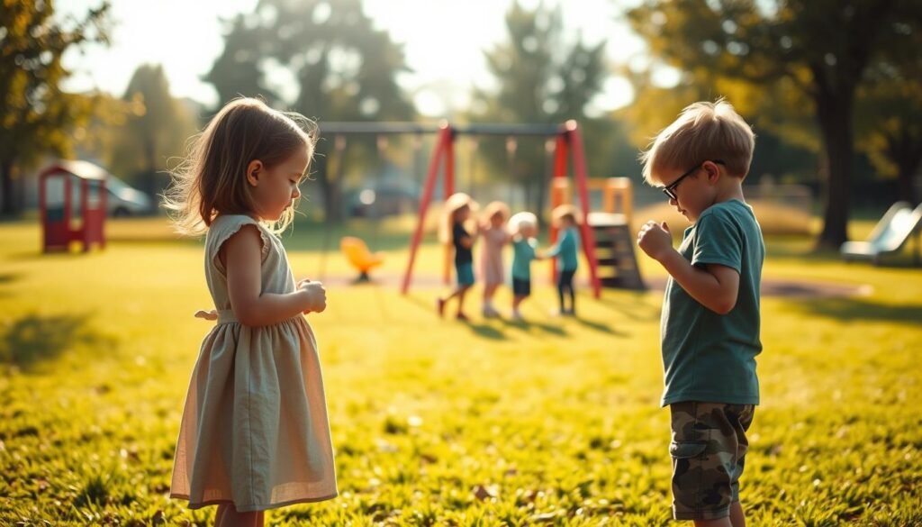 A serene playground scene capturing the essence of social difficulties in children. In the foreground, two young children, one boy and one girl, appear hesitant and disconnected from a small group playing joyfully in the middle ground. The girl, wearing a modest dress, gazes longingly at the group, while the boy, in casual attire, fidgets with his hands, showcasing signs of distress. The background features a vibrant playground with swings and slides, bathed in soft, warm sunlight to create an inviting yet melancholic atmosphere. Gentle shadows stretch across the grass, accentuating the separation between the children in the foreground and the lively group. The focus is sharp on the children, while the playground blurs slightly, emphasizing their emotional struggle.