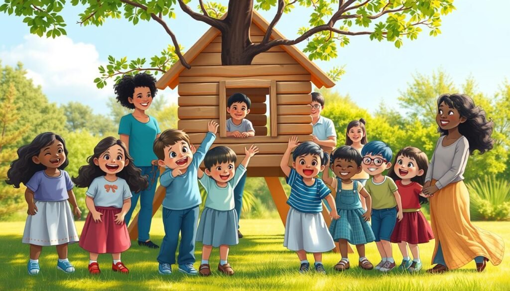 A serene playground scene illustrating the theme of self-esteem. In the foreground, a diverse group of children, dressed in modest casual clothing, cheerfully engage in collaborative games, building a treehouse together. Their expressions are joyful and determined, showcasing teamwork and support. In the middle ground, parents and caregivers observe with warm smiles, offering encouragement and celebrating achievements. The background features vibrant greenery and a clear blue sky, creating a sense of openness and possibility. Soft, natural lighting enhances the cheerful atmosphere, casting gentle shadows that evoke a carefree, nurturing environment. The composition captures a moment of growth, connection, and confidence-building.