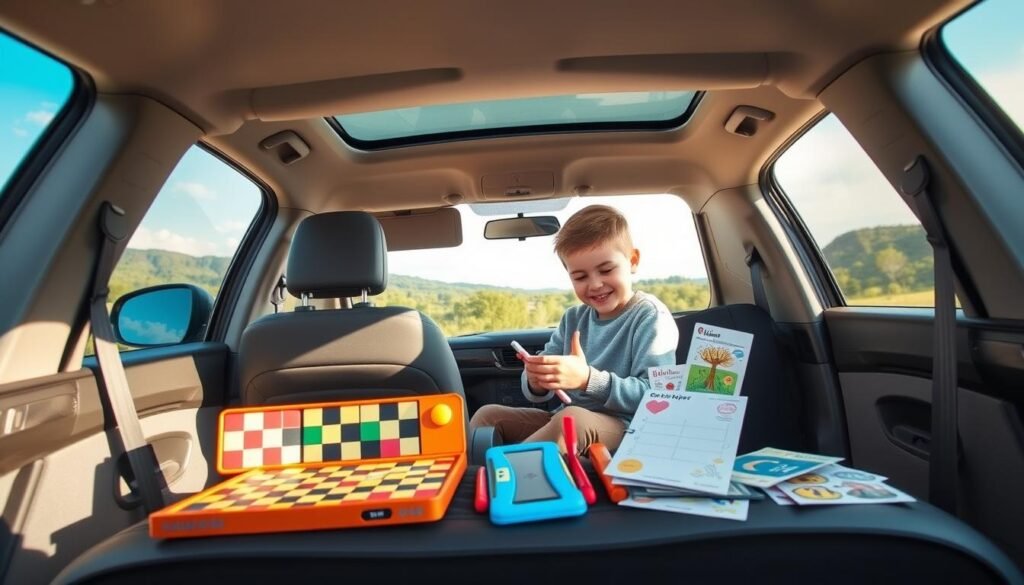 A sleek, gray modern car interior, featuring a cozy and organized space for family travel. In the foreground, a colorful assortment of travel games and gadgets is displayed, neatly arranged on the backseat. Items include a set of magnetic travel checkers, a compact drawing tablet, and playful stickers. In the middle, a child in modest casual clothing is sitting comfortably, engaged in the games with a look of joy and concentration. The background captures a scenic view through the car windows, showcasing lush greenery and a clear blue sky, suggesting an adventurous road trip atmosphere. Soft, natural lighting fills the interior, creating a warm and inviting ambiance. The angle is slightly tilted to emphasize both the child's engagement and the appealing gadgets, ensuring a family-friendly, enjoyable traveling experience.