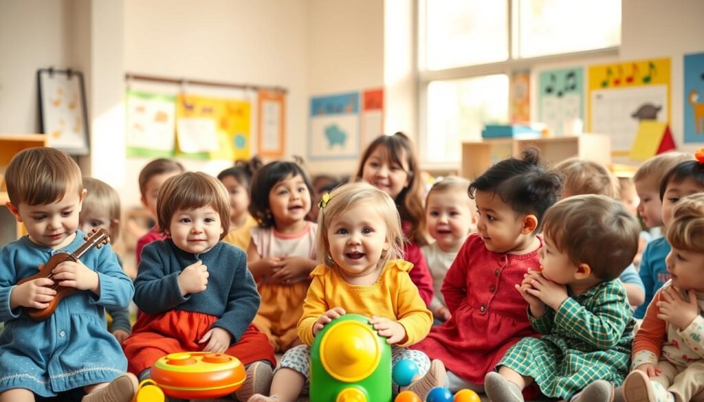 A vibrant and engaging scene depicting a classroom filled with toddlers engaged in auditory play. In the foreground, a diverse group of children, dressed in colorful, modest casual clothing, are actively listening to various sound sources like musical instruments, nature sounds from recordings, and interactive toys that emit sounds. In the middle, a caregiver enthusiastically encourages participation, showcasing a nurturing atmosphere. The background features a bright classroom environment with posters of animals and musical notes, warm sunlight streaming through large windows, creating an inviting and cheerful ambiance. The scene captures excitement and curiosity, emphasizing the importance of auditory play in language development, with a soft focus to enhance the warmth and joy of the moment.
