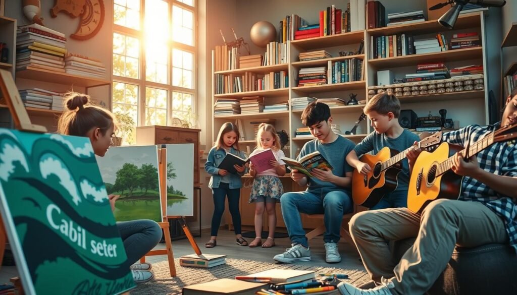 A vibrant and engaging scene depicting a diverse group of teenagers exploring various hobbies indoors and outdoors. In the foreground, two teens are painting on canvases, showcasing their artistic flair, while another teen is assembling a model plane nearby. In the middle ground, a girl is reading a book, absorbed in a fantasy world, and a boy is practicing on a guitar, creating a lively atmosphere filled with creativity and passion. The background features shelves stacked with books, art supplies, and musical instruments, illuminated by warm, natural light streaming through a large window, creating an inviting and inspiring ambiance. The angle captures a dynamic perspective, emphasizing the joy and excitement of discovering new interests.