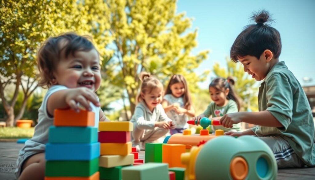 A vibrant, engaging scene depicting children of various ages playing together in a safe, joyful environment. In the foreground, a toddler is joyfully stacking colorful blocks, while a slightly older child is exploring an interactive educational toy. The middle ground features a group of elementary-aged children working on a team-building game, showcasing cooperation and laughter. In the background, soft green trees and a clear blue sky create a bright, sunny atmosphere, invoking a sense of happiness and growth. The lighting is warm and inviting, creating soft shadows that enhance the playful mood. Use a wide-angle perspective to capture the energy and connection between the children, reflecting the theme of age-appropriate play that fosters confidence.