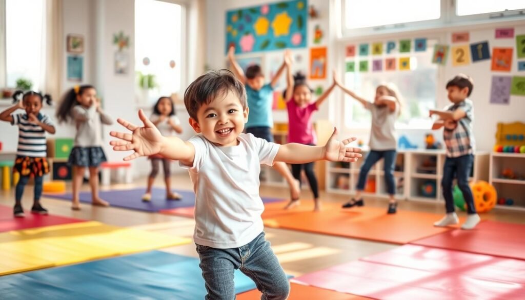 A vibrant indoor setting depicting a diverse group of four-year-old children engaged in a dynamic warm-up session. In the foreground, a cheerful child is reaching out to stretch, showcasing body movement through various poses, surrounded by colorful mats. The middle area features several children performing large motor activities like jumping and stretching, incorporating playful interactions, such as high-fives and laughter. The background shows a bright, well-lit room filled with educational toys and wall decorations promoting physical activity, bathed in natural light streaming through large windows. The atmosphere is energetic and joyful, emphasizing movement and coordination, perfect for illustrating the importance of large motor skills in preparation for fine motor practice.