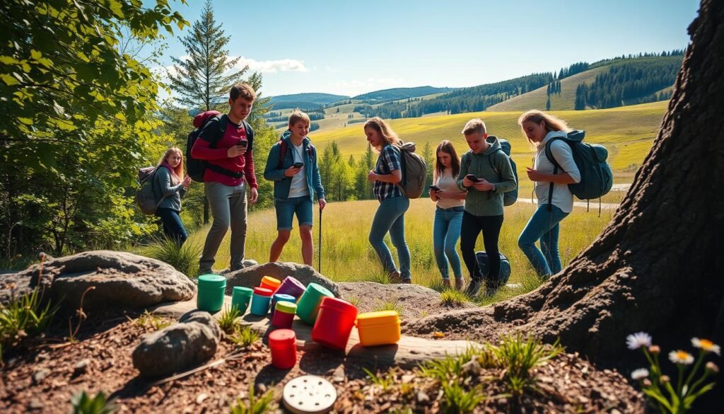 A vibrant outdoor scene depicting a thrilling geocaching adventure in Poland. In the foreground, a diverse group of teenagers dressed in casual yet practical clothing, equipped with backpacks and GPS devices, animatedly searching near a lush green forest. They are engaged in teamwork, displaying excitement and curiosity as they uncover hidden treasures. In the middle ground, a variety of colorful geocaching containers peeks out from behind rocks and tree trunks, while the sun filters through the leaves, casting playful shadows on the ground. The background features rolling hills, dotted with wildflowers and a clear blue sky, embodying a sense of exploration and connection with nature. The lighting is warm and inviting, creating an adventurous and inspiring atmosphere.