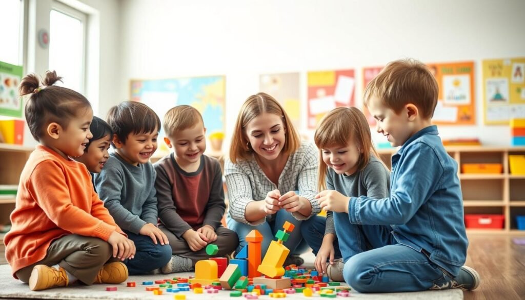 A vibrant scene depicting young children engaged in collaborative play, showcasing teamwork and social interaction. In the foreground, a diverse group of four children, aged 5-6, are working together on a colorful puzzle, smiling and sharing ideas. They are dressed in modest, casual clothing. In the middle ground, a teacher encourages them, kneeling beside the group, radiating warmth and support. The background features a bright and cheerful classroom, with educational posters and colorful learning tools on the walls. Soft, natural lighting filters through large windows, creating a welcoming atmosphere. The overall mood is joyful and collaborative, emphasizing the importance of developing social skills in early childhood education.