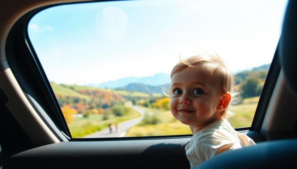 A vibrant view from inside a car, focusing on a child's perspective looking out the window. In the foreground, the child, wearing a playful outfit, gazes with wide eyes, full of curiosity. The middle ground shows a scenic landscape passing by: rolling hills, colorful trees, and distant mountains under a clear blue sky. Small details, like a passing dog or a cyclist, engage the viewer's eye. The background is soft and slightly blurred to enhance the sense of motion, capturing the feeling of a fun road trip. Natural lighting filters through the car window, creating a cheerful atmosphere, inviting warmth, and a sense of adventure. The overall mood conveys joy and an exploration of the world outside.