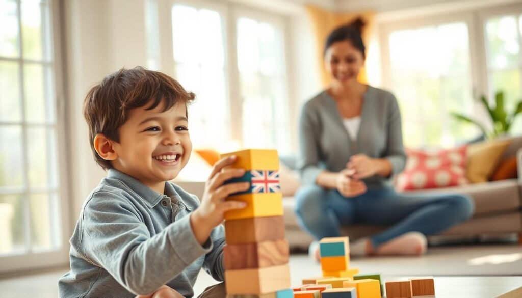 A warm and inviting living room setting filled with natural light coming through large windows. In the foreground, a confident child, around 7 years old, is engaging joyfully in a simple but creative activity, such as building a tower of blocks, showcasing a proud smile as they achieve their goal. The child's attire is casual yet neat, reflecting comfort and playfulness. In the middle ground, a parent, dressed in casual but modest clothing, observes with a supportive expression, encouraging the child with subtle gestures. The background features soft, colorful decor, emphasizing a nurturing environment. Overall, the atmosphere is positive and uplifting, capturing the essence of self-confidence being nurtured through play. The image should be bright and cheerful, conveying warmth and encouragement.