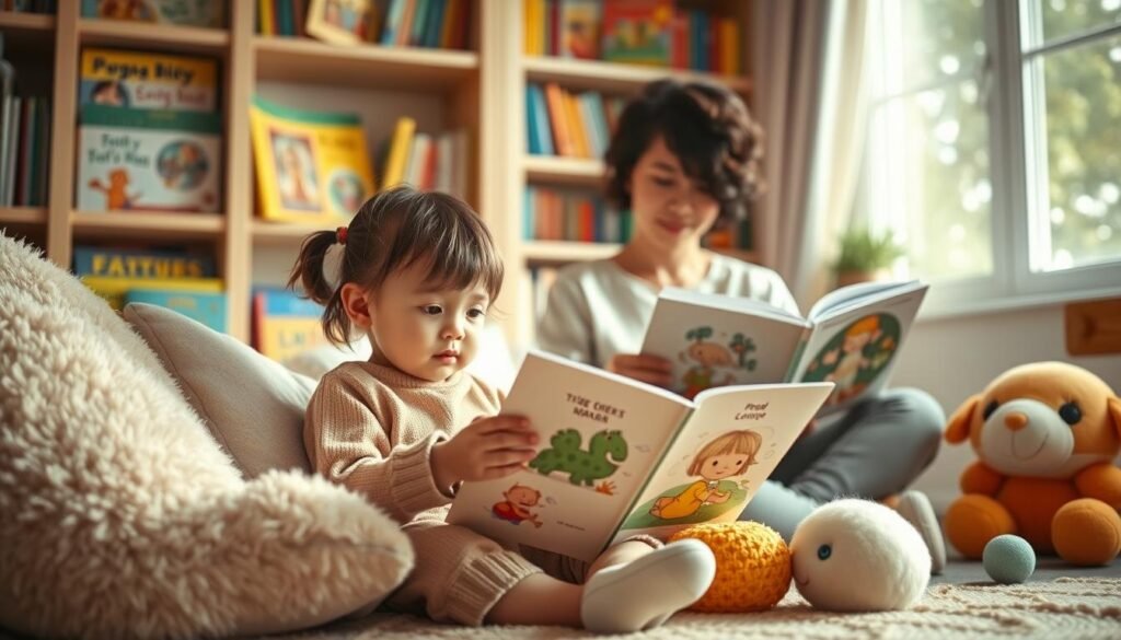 A warm and inviting scene depicting a young child sitting in a cozy, colorful reading nook, absorbed in an illustrated book. The foreground shows the child, a girl about two years old, wearing a comfortable, modest outfit, with a look of wonder on her face as she turns the pages. Surrounding her are fluffy cushions and soft toys, creating a playful atmosphere. The middle layer features a parent or caregiver, engaged in storytelling, sitting beside the child, encouraging interaction through gestures. The background consists of a well-lit bookshelf filled with children's books, with sunlight streaming in through a nearby window, casting gentle light across the room. The mood is nurturing and engaging, emphasizing the joy of reading and communication.