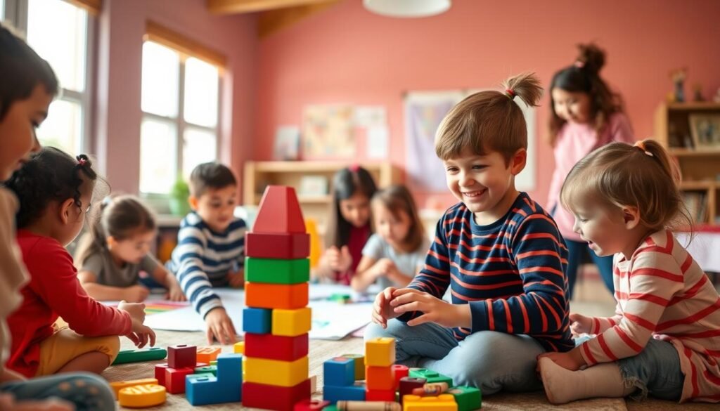 A warm and inviting scene of a diverse group of preschool children engaged in a collaborative activity in a bright, cheerful classroom. In the foreground, a boy and a girl are building a tower with colorful blocks, smiling and encouraging each other. The middle ground features other children working on a large art project together, sharing crayons and ideas, while a teacher observes and supports from the side. The background includes windows that let in soft, natural light, illuminating the vibrant colors of the classroom. The atmosphere is joyful and supportive, reflecting teamwork and social skills development. The composition should have a slightly elevated angle, showcasing the children's interactions and camaraderie in a cozy, engaging environment.