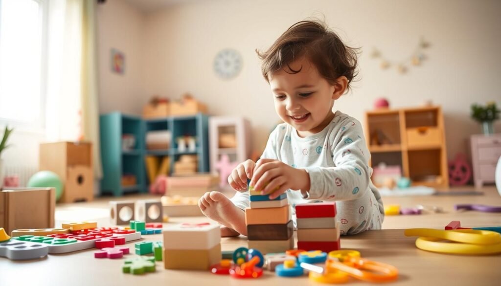 A well-lit, indoor setting focused on a young child engaged in a variety of fine motor skill activities. In the foreground, the child, dressed in a colorful, comfortable outfit, is carefully stacking small blocks, showcasing concentration and joy. Their small hands are delicately positioned, demonstrating dexterity. In the middle, there are various toys and materials laid out, including puzzles, beads, and scissors, all designed to encourage hand-eye coordination. The background features a warm, inviting playroom with soft, pastel colors and ample natural light streaming in through a window, creating a cheerful atmosphere. The scene evokes a sense of developmental growth and playful learning, emphasizing the importance of movement in speech development.