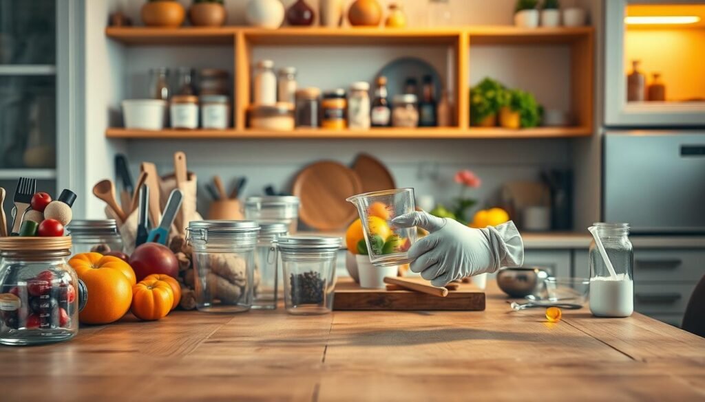 A well-organized kitchen workspace set for safe home experiments, showcasing a sturdy wooden table at the forefront, laden with various household items like fruits, vegetables, and kitchen tools. In the middle ground, clear storage containers and measuring utensils are neatly arranged, emphasizing organization and safety. Soft, warm lighting illuminates the scene, casting gentle shadows that evoke a cozy yet professional atmosphere. The background features bright, cheerful shelves stocked with spices and ingredients, enhancing the inviting feel of the kitchen. A pair of hands, gloved and wearing modest casual attire, is carefully handling a measuring cup, symbolizing safety in experimentation. The overall mood communicates both creativity and mindfulness in home science activities.