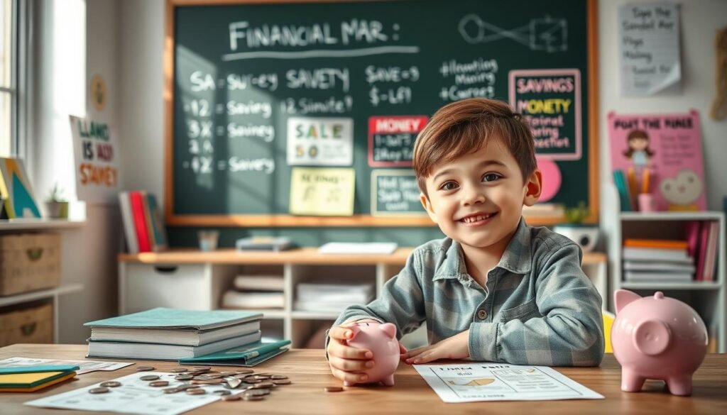 A well-organized study space featuring a young child engaged in a financial learning activity. In the foreground, a cheerful child around 10 years old, wearing casual but neat clothing, is seated at a desk, surrounded by colorful educational tools such as coins, a piggy bank, and worksheets with playful illustrations about money management. In the middle background, a chalkboard displays simple math problems related to savings, and bright posters promoting good financial habits. Soft, natural light filters through a nearby window, creating a warm and inviting atmosphere. The scene captures a sense of curiosity and engagement, encouraging the value of money education.