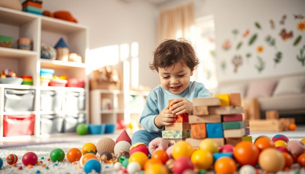 In a bright, inviting playroom filled with colorful sensory toys, a small child engages with a collection of soft blocks, textures, and vibrant balls, focusing intently as they build a small tower. The foreground captures the child's determination, showcasing their joy and concentration. In the middle ground, shelves lined with various sensory tools like sand, Play-Doh, and fidget toys invite exploration, while subtle sunlight pours through a window, casting gentle shadows and creating a warm atmosphere. The background hints at a cozy area with plush seating and nature-themed decorations, promoting a sense of safety. The overall mood is uplifting and playful, emphasizing the importance of sensory play in building confidence and self-efficacy in children.