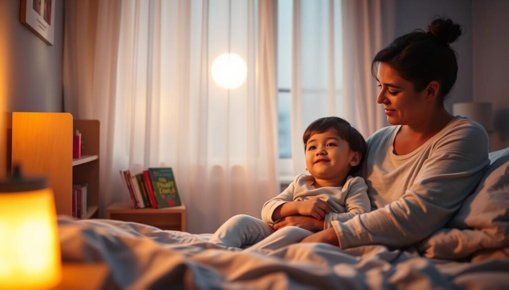 A cozy, warmly lit bedroom setting designed for calming nighttime rituals. In the foreground, a gently glowing nightlight casts soft shadows, while a bookshelf holds children's bedtime stories. In the middle, a parent, dressed in modest casual clothing, is softly interacting with a young child in comfortable pajamas, showing a peaceful moment of connection. The child's face reflects relaxation and serenity. The background features a window with delicate curtains that allow a soft moonlight glow to enter, enhancing the tranquil atmosphere. Aim for a warm color palette of soft blues and gentle yellows, evoking a soothing and peaceful mood, ideal for a bedtime routine. There should be no text, ensuring the image conveys the essence of common mistakes in winding down for the night.