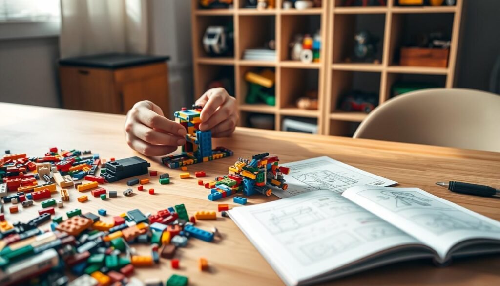 A cozy, well-lit workspace featuring a variety of colorful LEGO bricks scattered across a wooden table. In the foreground, a pair of hands, wearing smart-casual attire, are carefully piecing together a complex structure, illustrating concentration and creativity. The middle ground shows an open instruction booklet with diagrams beside the partially built creation, highlighting the contrast between following directions and free-form building. In the background, there is a shelf filled with completed LEGO models, showcasing the progression of skills over time. Soft, diffused lighting casts gentle shadows, creating a warm and inviting atmosphere that encourages exploration and learning through play. The scene captures the essence of collaboration, both with oneself and in interaction with others.