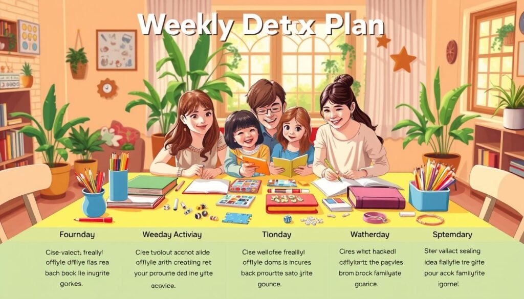 A detailed weekly detox plan illustrated in a colorful, engaging layout. In the foreground, showcase a bright, cheerful table with various creative offline tasks for children, such as drawing supplies, books, puzzles, and craft materials, neatly organized. In the middle ground, depict a family engaged in these activities, dressed in modest casual clothing, joyfully creating and collaborating, with smiles on their faces. The background features a cozy home environment, with warm natural lighting filtering through large windows, green plants, and playful decorations that inspire creativity. The overall atmosphere should be inviting and encouraging, promoting the idea of a digital detox for families while fostering creativity and togetherness.