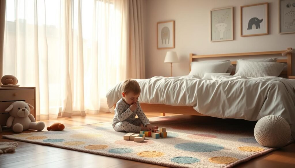 A serene, cozy bedroom scene capturing a child playing quietly on a soft, colorful rug beside a beautifully made bed. The child, dressed in comfortable pajamas, is engaged in a calm activity like building with blocks or reading a picture book. In the background, gentle, diffused sunlight filters through sheer curtains, casting a warm glow across the room. The walls are decorated with playful yet soothing art, enhancing the atmosphere of tranquility. A few plush toys are scattered around, inviting a sense of play and comfort. The overall mood feels peaceful and inviting, perfect for evening calming rituals, with an emphasis on relaxation and nurturing the child's imagination.