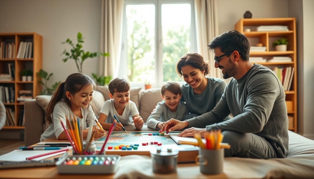 A serene family scene in a cozy living room, showcasing a mother and father engaged in vibrant offline activities with their two children. In the foreground, the family is participating in a board game, surrounded by colorful art supplies like paints and sketchbooks, symbolizing creativity and connection. In the middle ground, a window reveals a bright, sunny day outside, with green trees swaying gently, evoking a fresh start. The background features a neatly organized bookshelf that hints at a clutter-free digital detox lifestyle. Soft, warm lighting bathes the scene, creating an inviting atmosphere. The overall mood conveys a sense of joy, togetherness, and the importance of sustaining positive changes after a digital detox, captured with a shallow depth of field to focus on the family's interactions.