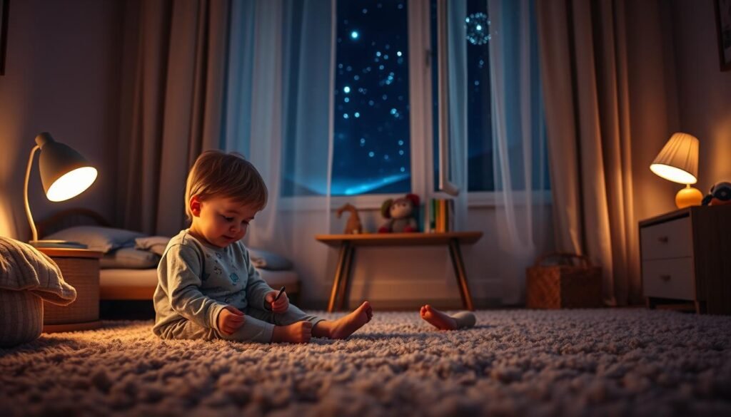 A serene night scene in a cozy children’s room, softly illuminated by warm, dim lighting. In the foreground, a child in modest pajama attire is engaged in quiet, calming activities, such as drawing with colored pencils on a fluffy carpet. A gentle glow from a bedside lamp casts a soft light on the child's focused face, highlighting their content expression. In the middle ground, a low table is adorned with a few bedtime storybooks and a plush toy, suggesting a peaceful bedtime routine. In the background, a window reveals a starry night sky, with soft drapes fluttering slightly. The overall atmosphere conveys tranquility and safety, inviting a sense of relaxation and calmness, ideal for a bedtime ritual.